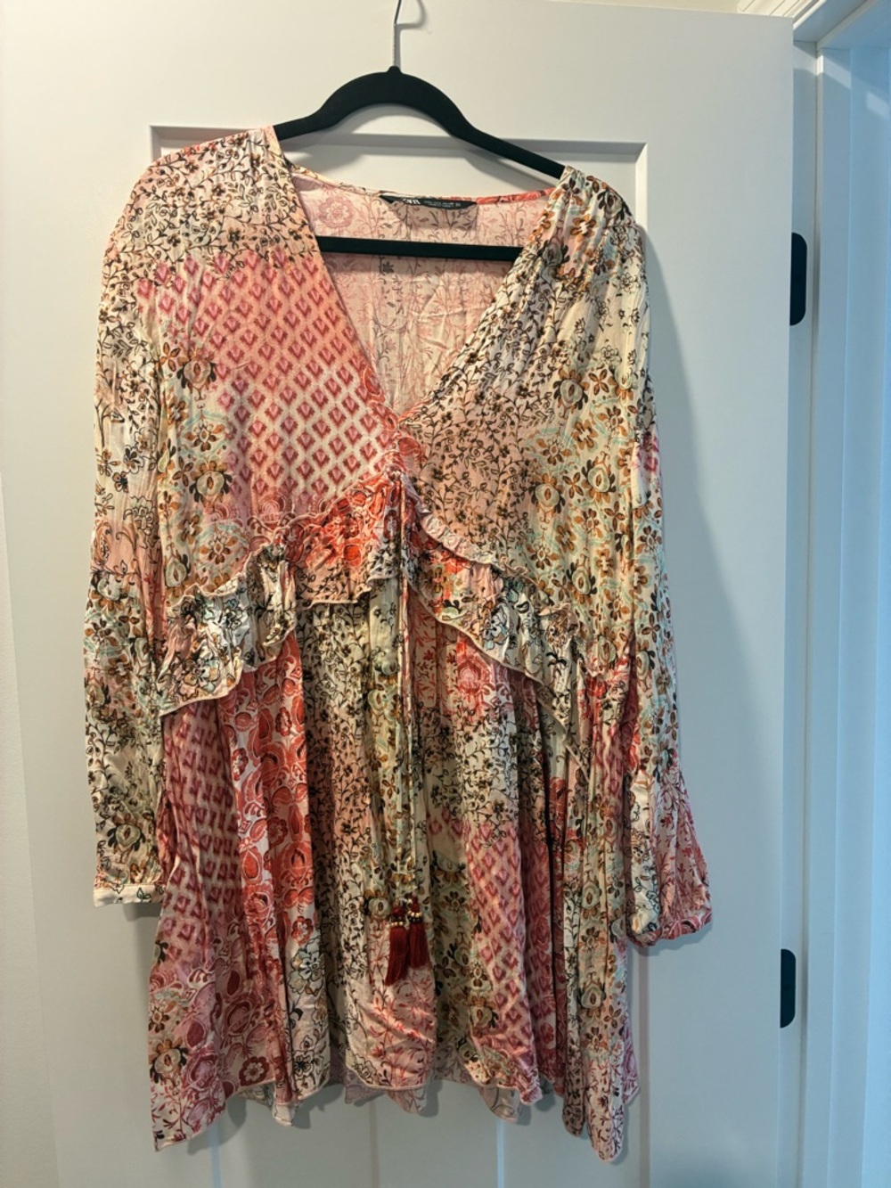 Zara Floral Patchwork Mini Dress in Cream, Pink and Orange